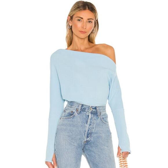 Free People Fuji Thermal Long Sleeve Off the Shoulder Top in Dew Shine Blue, L - Picture 1 of 11